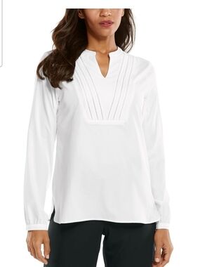Coolibar White Split-Neck Pintuck Tunic Blouse